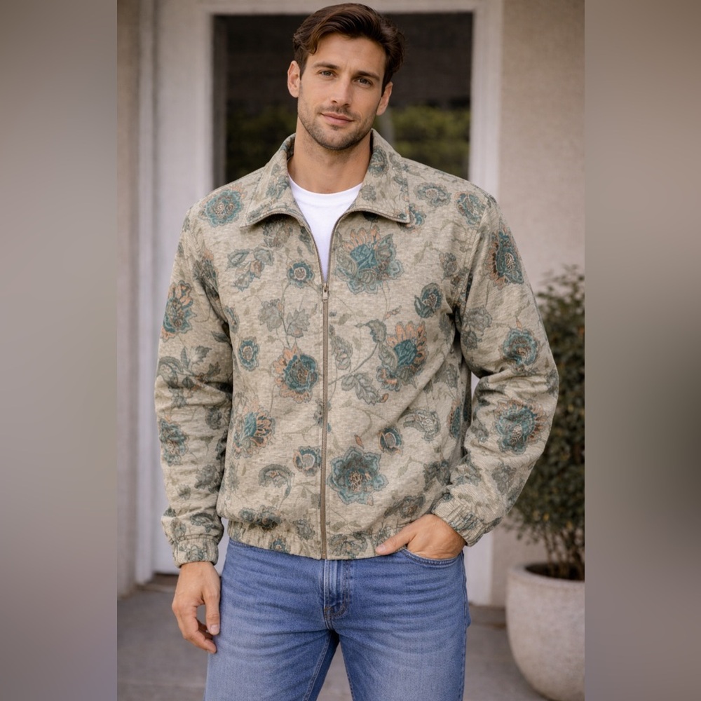 Vintage Alfred Dunner Tapestry Jacket Men’s Floral Zip Up Coat Beige Boho